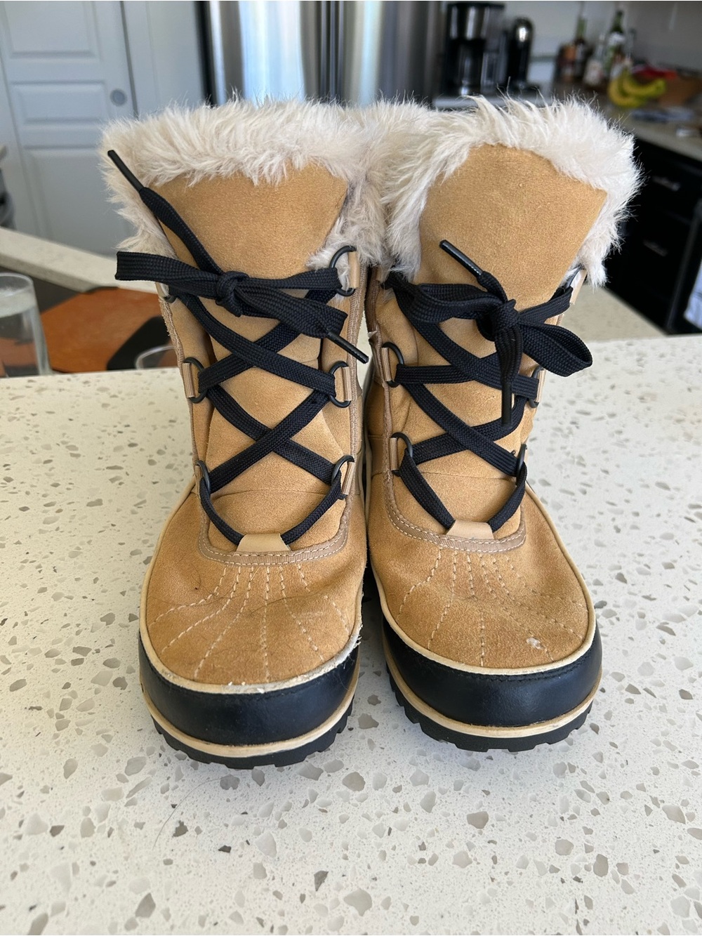 Sorel Tan Faux Fur Lace-Up Winter Boots with Black Soles